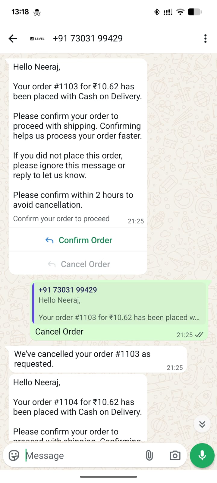 WhatsApp COD verification message with Confirm and Cancel buttons